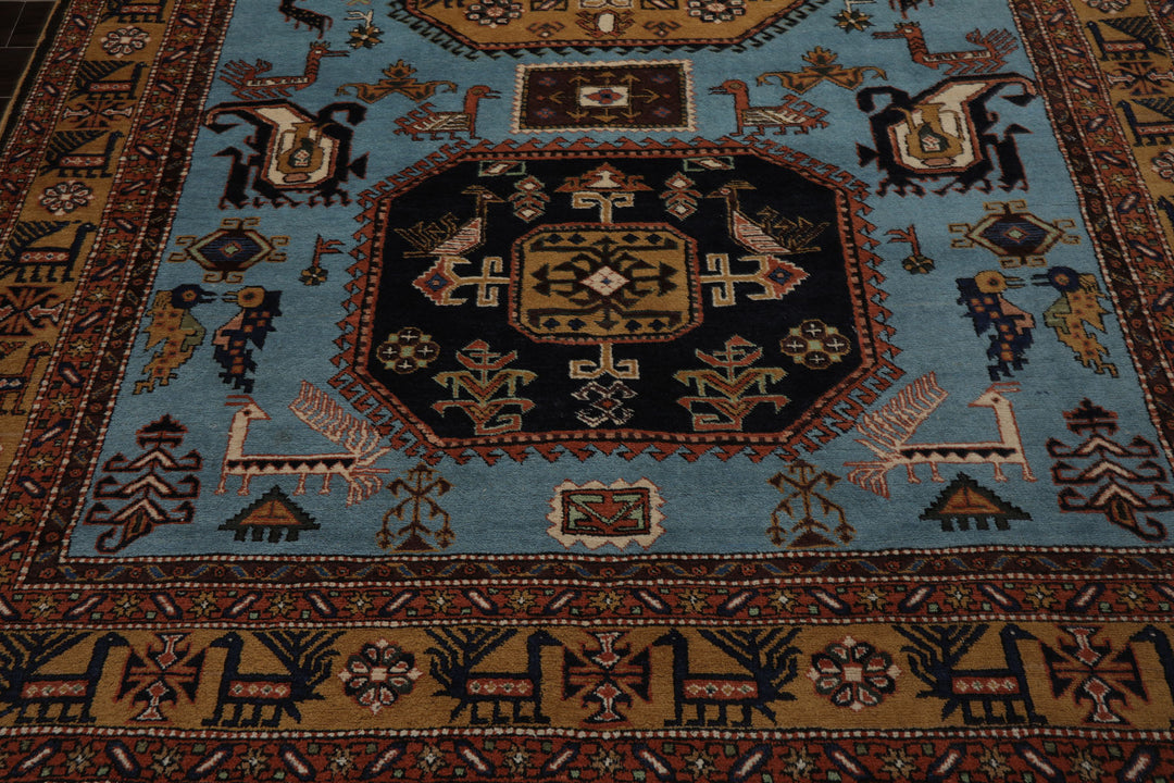 8x10 Blue, Gold, Chocolate Color Hand Knotted Kazak Wool Traditional Oriental Rug