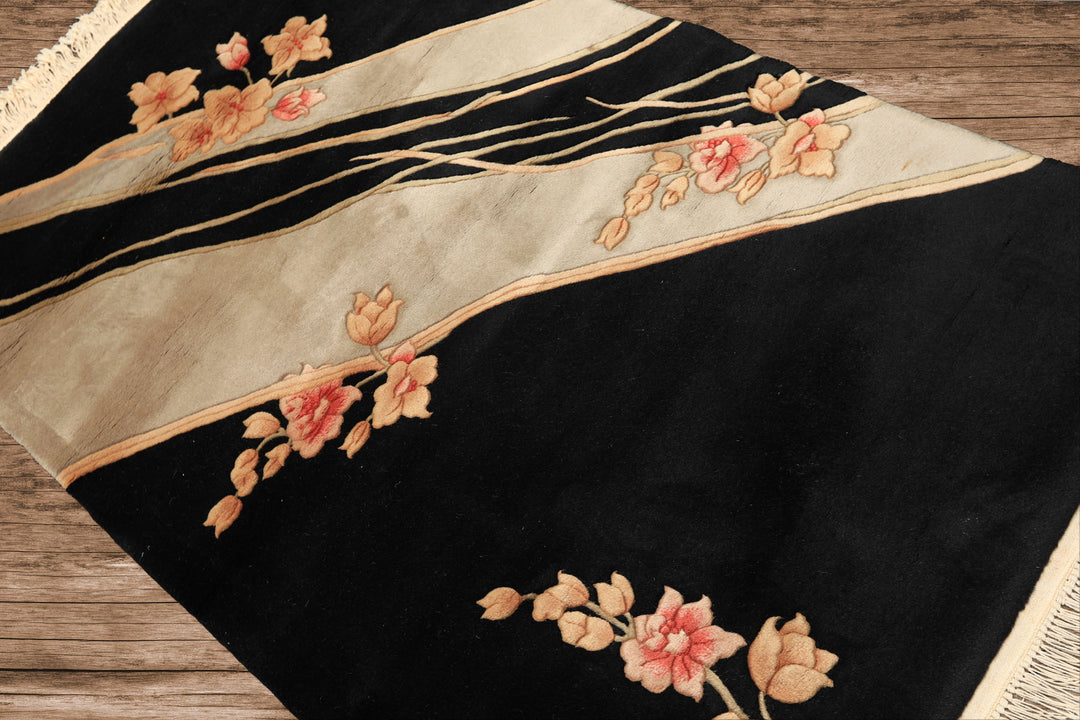 3x5 Black, Gray, Peach Color Hand Knotted Chinese Art Deco Wool Transitional Oriental Rug