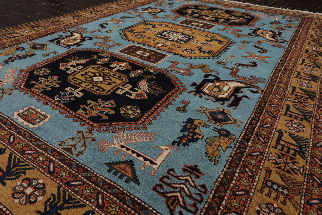8x10 Blue, Gold, Chocolate Color Hand Knotted Kazak Wool Traditional Oriental Rug