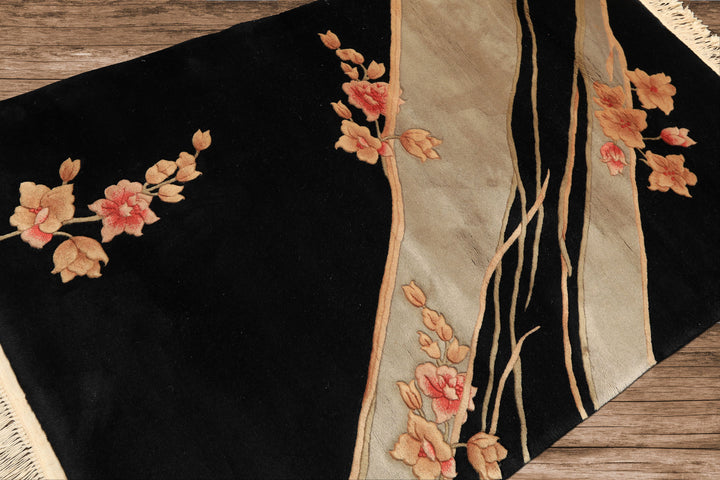3x5 Black, Gray, Peach Color Hand Knotted Chinese Art Deco Wool Transitional Oriental Rug