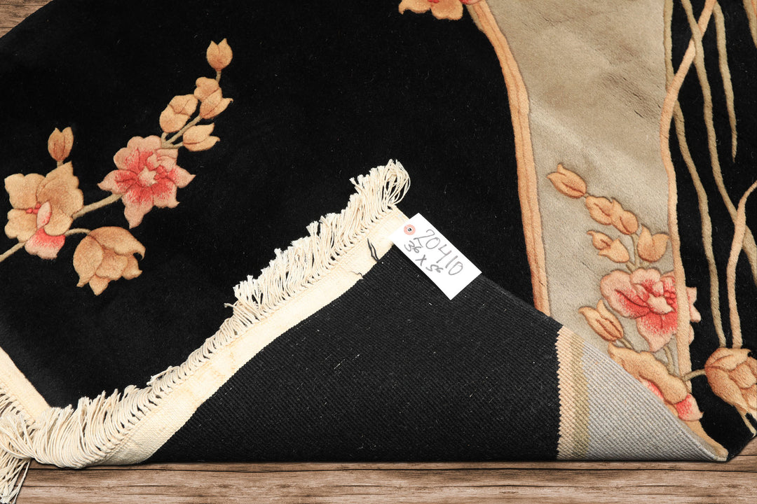 3x5 Black, Gray, Peach Color Hand Knotted Chinese Art Deco Wool Transitional Oriental Rug