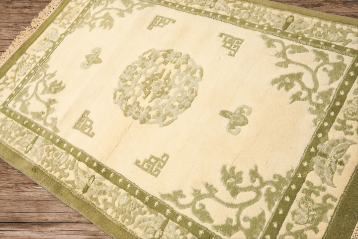 4x6 Ivory, Olive, Green Color Hand Knotted Indo-Tibetan Wool Art Deco Oriental Rug