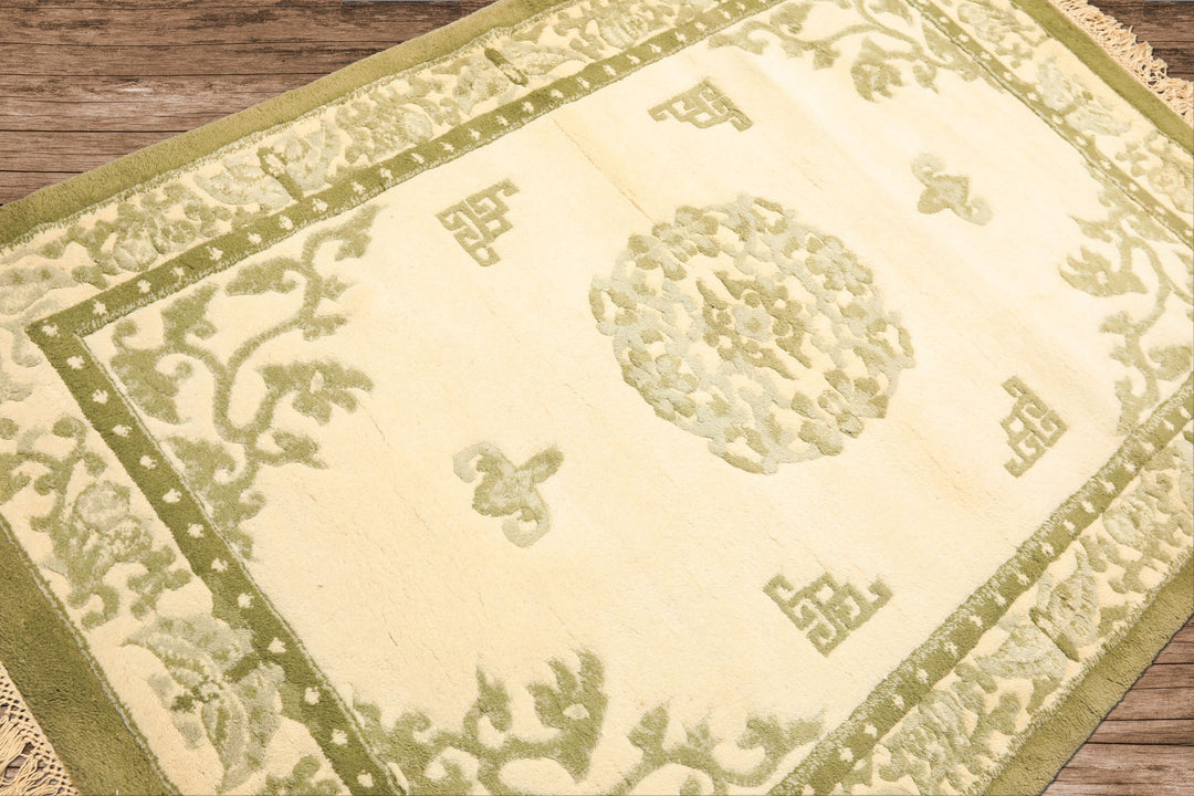 4x6 Ivory, Olive, Green Color Hand Knotted Indo-Tibetan Wool Art Deco Oriental Rug