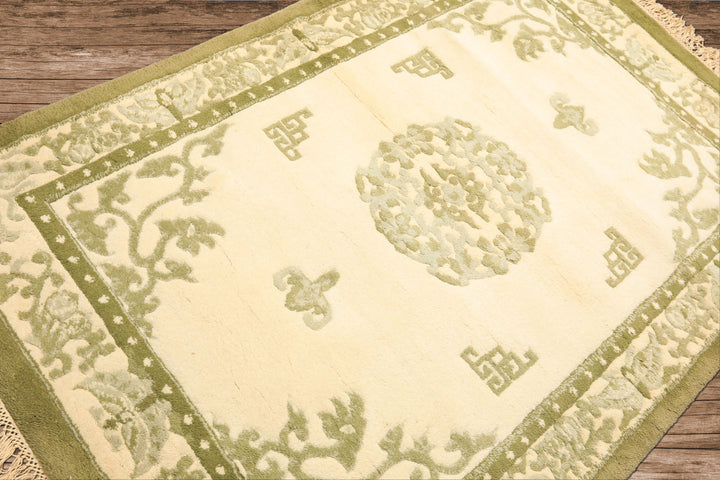4x6 Ivory, Olive, Green Color Hand Knotted Indo-Tibetan Wool Art Deco Oriental Rug