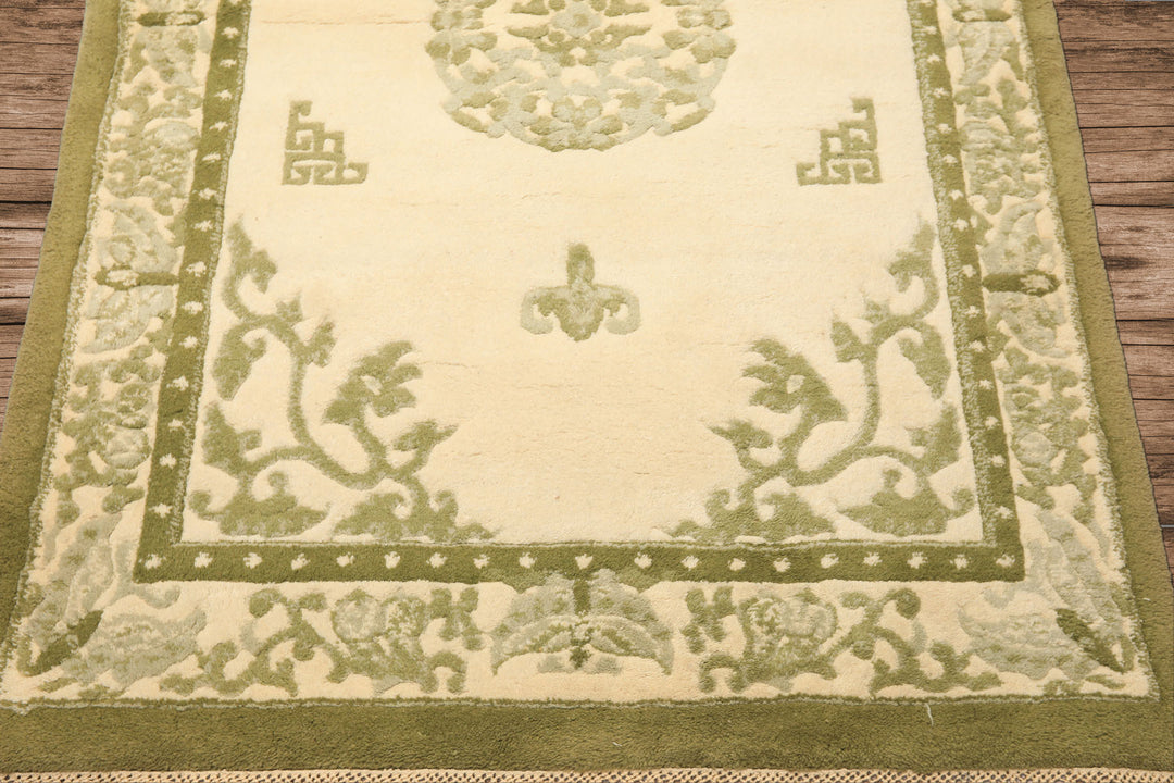 4x6 Ivory, Olive, Green Color Hand Knotted Indo-Tibetan Wool Art Deco Oriental Rug