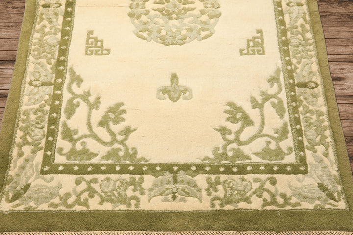 4x6 Ivory, Olive, Green Color Hand Knotted Indo-Tibetan Wool Art Deco Oriental Rug