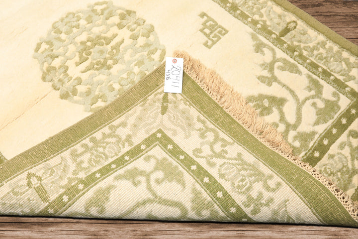 4x6 Ivory, Olive, Green Color Hand Knotted Indo-Tibetan Wool Art Deco Oriental Rug