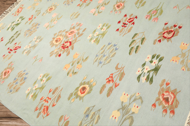 6x9 Mint, Green, Blush Color Hand Woven Caucasian Kilim Wool Transitional Oriental Rug