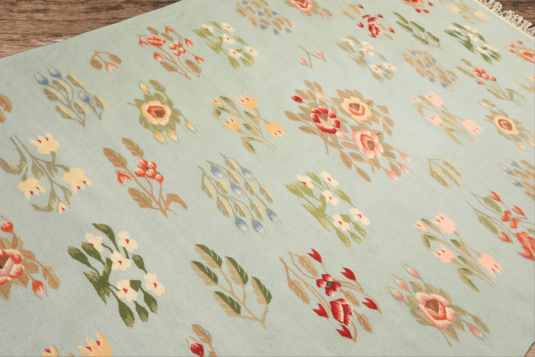 6x9 Mint, Green, Blush Color Hand Woven Caucasian Kilim Wool Transitional Oriental Rug