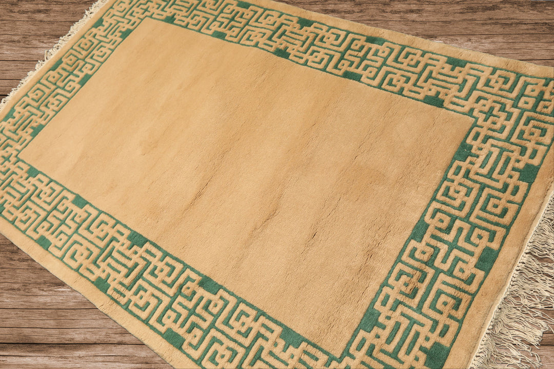 4x6 Tan, Green, Color Hand Knotted Indo Tibetan Wool Transitional Oriental Rug