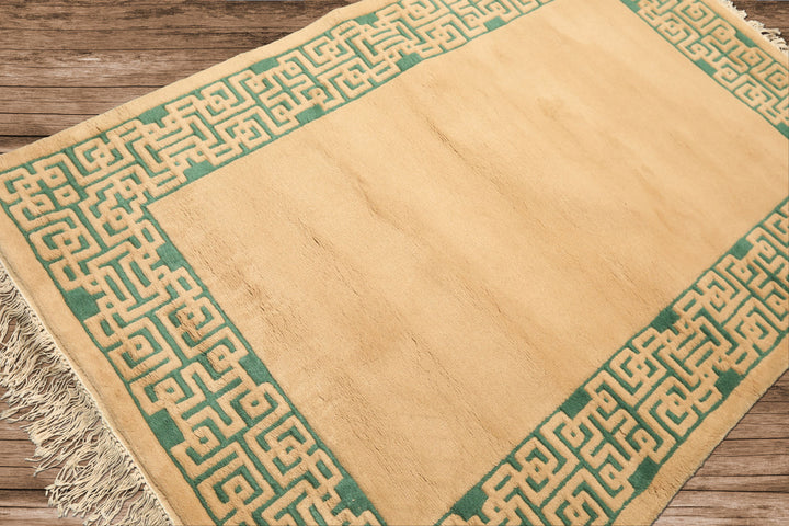 4x6 Tan, Green, Color Hand Knotted Indo Tibetan Wool Transitional Oriental Rug