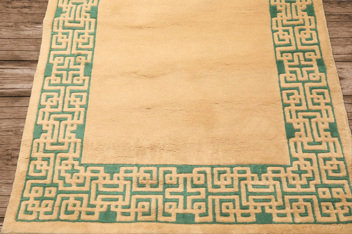 4x6 Tan, Green, Color Hand Knotted Indo Tibetan Wool Transitional Oriental Rug
