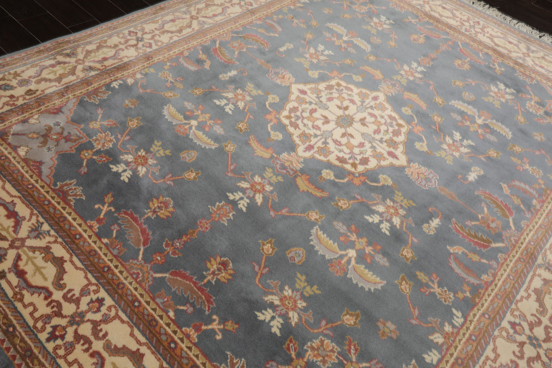 8x12 Blue, Ivory, Rose Color Hand Knotted Heriz New Zealand Wool Traditional Oriental Rug