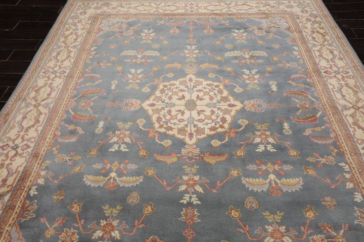8x12 Blue, Ivory, Rose Color Hand Knotted Heriz New Zealand Wool Traditional Oriental Rug