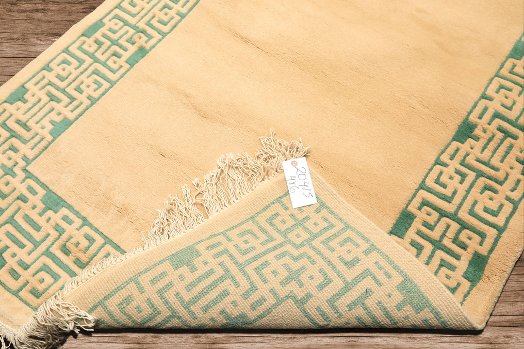 4x6 Tan, Green, Color Hand Knotted Indo Tibetan Wool Transitional Oriental Rug
