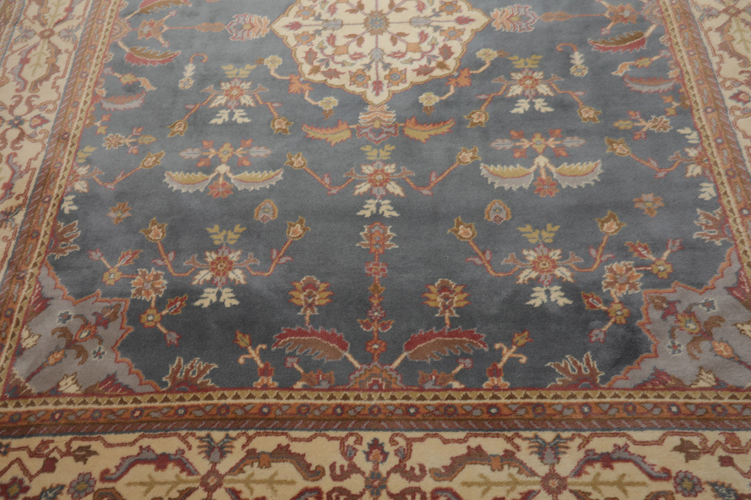 8x12 Blue, Ivory, Rose Color Hand Knotted Heriz New Zealand Wool Traditional Oriental Rug