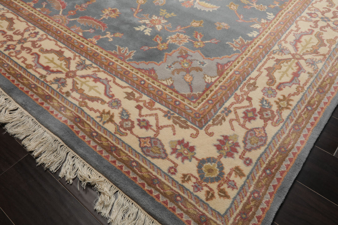 8x12 Blue, Ivory, Rose Color Hand Knotted Heriz New Zealand Wool Traditional Oriental Rug