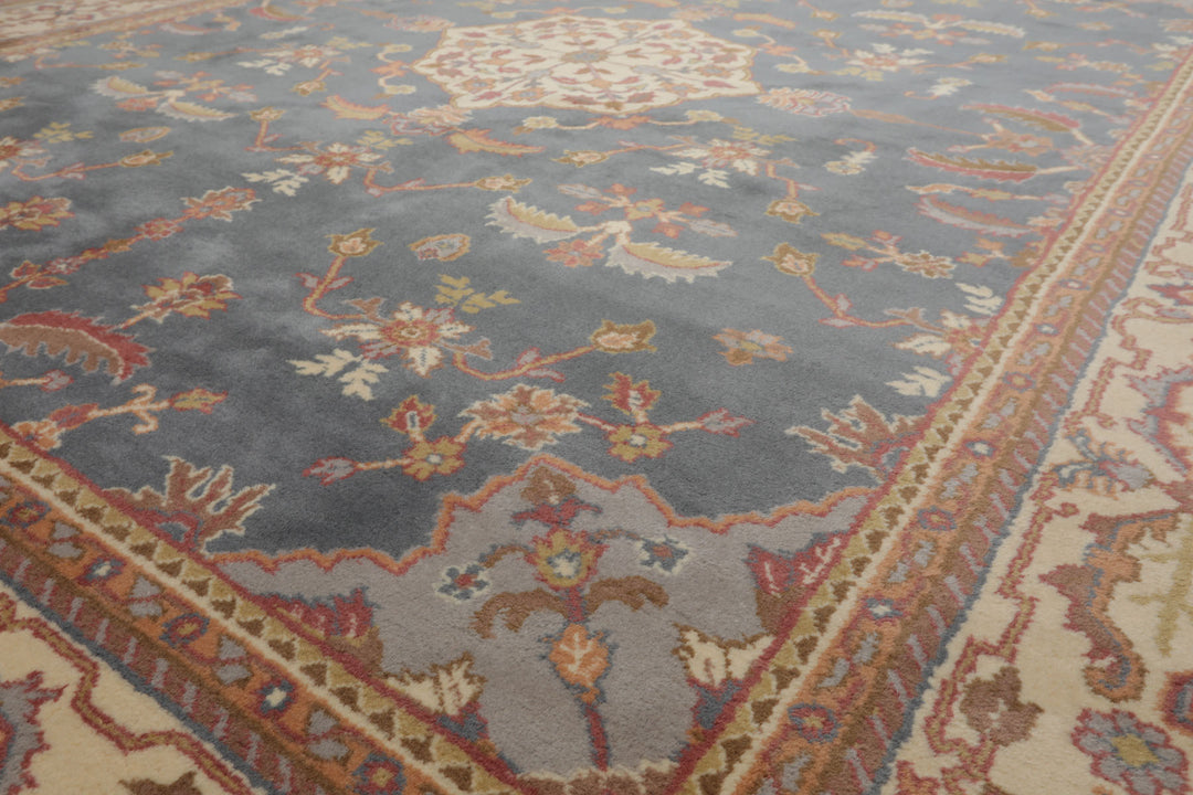 8x12 Blue, Ivory, Rose Color Hand Knotted Heriz New Zealand Wool Traditional Oriental Rug