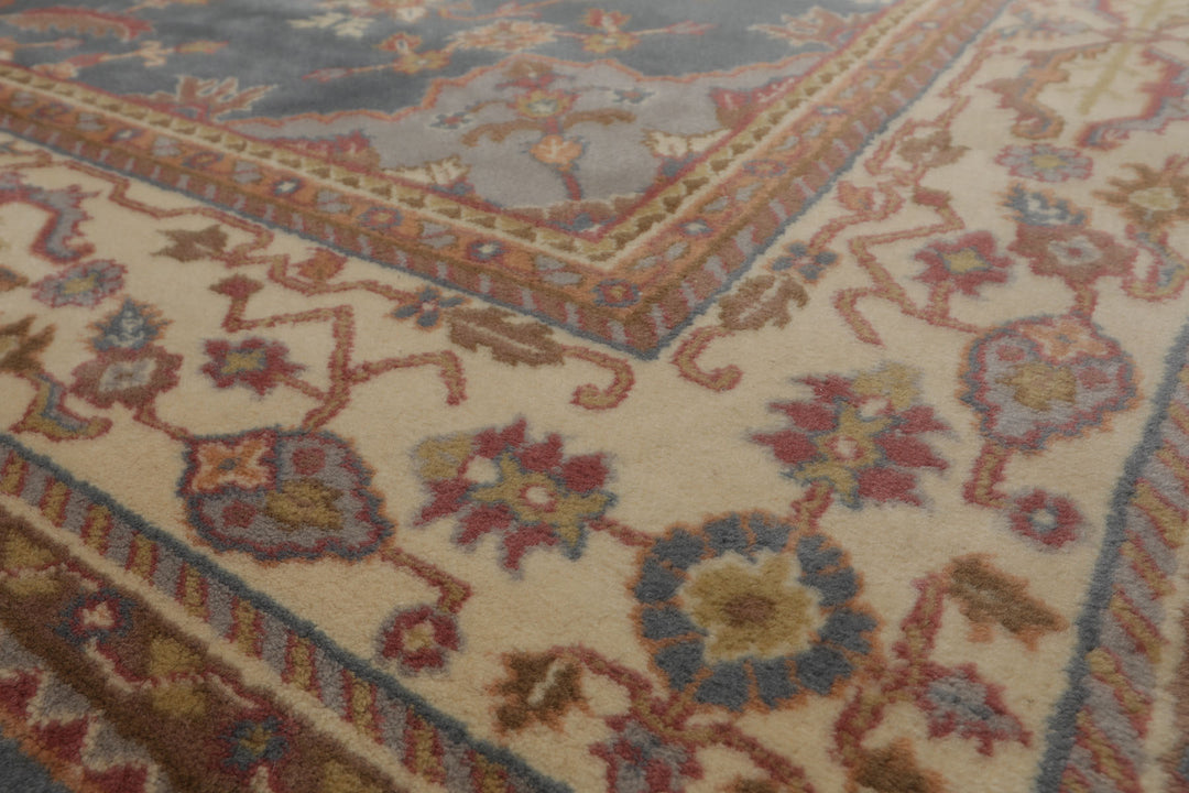 8x12 Blue, Ivory, Rose Color Hand Knotted Heriz New Zealand Wool Traditional Oriental Rug