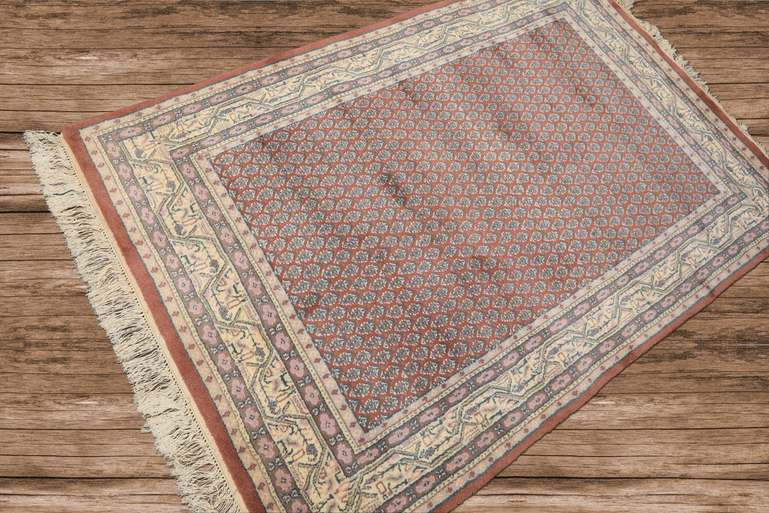 4x6 Rose, Ivory, Taupe Color Hand Knotted Boteh Wool Traditional Oriental Rug