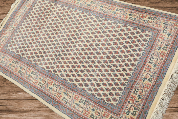 3x5 Ivory, Rose, Blue Color Hand Knotted Boteh Wool Traditional Oriental Rug