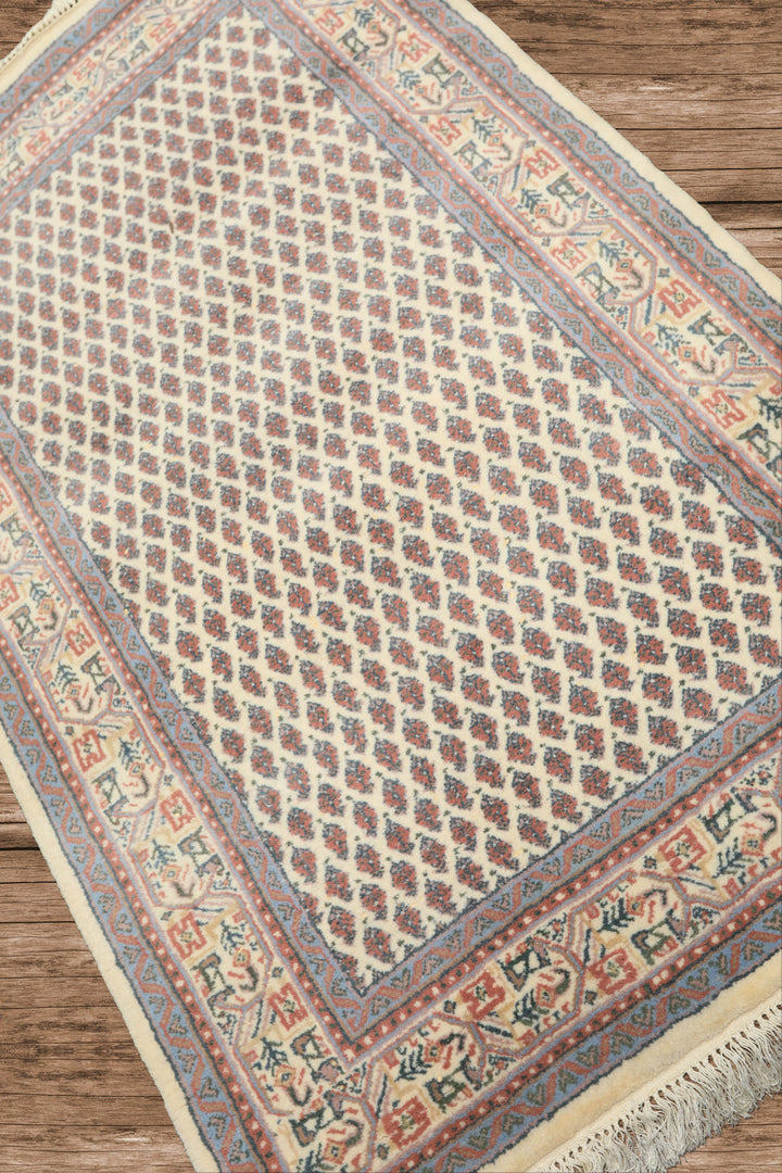 3x5 Ivory, Rose, Blue Color Hand Knotted Boteh Wool Traditional Oriental Rug