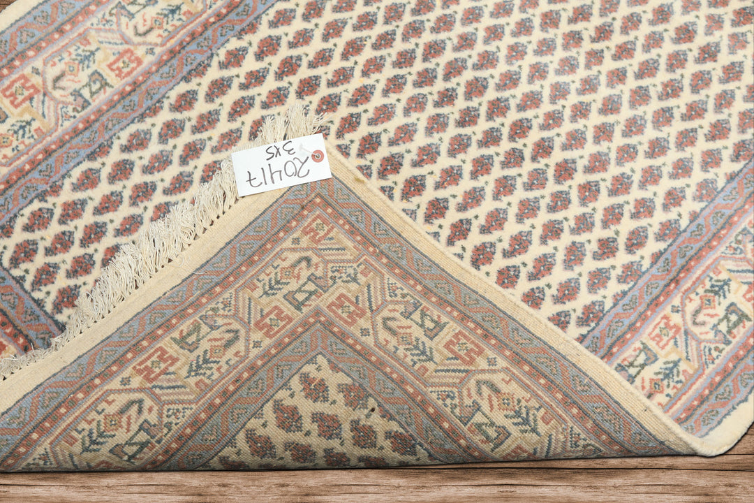 3x5 Ivory, Rose, Blue Color Hand Knotted Boteh Wool Traditional Oriental Rug