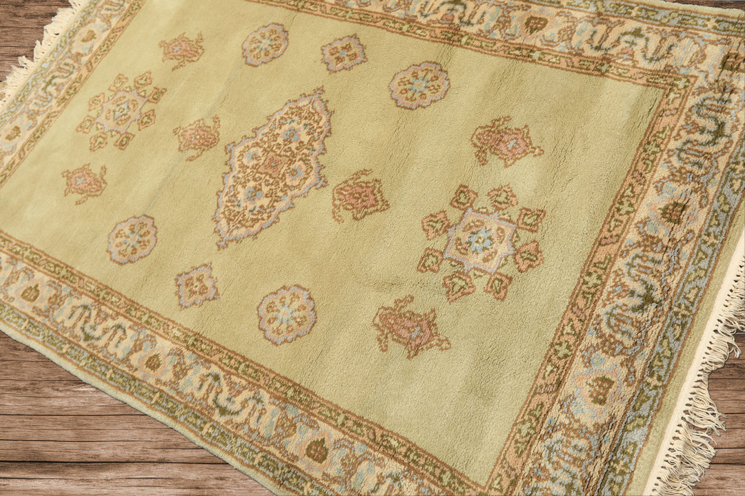 4x6 Sage, Beige, Rose Color Hand Knotted French Aubusson Wool Traditional Oriental Rug