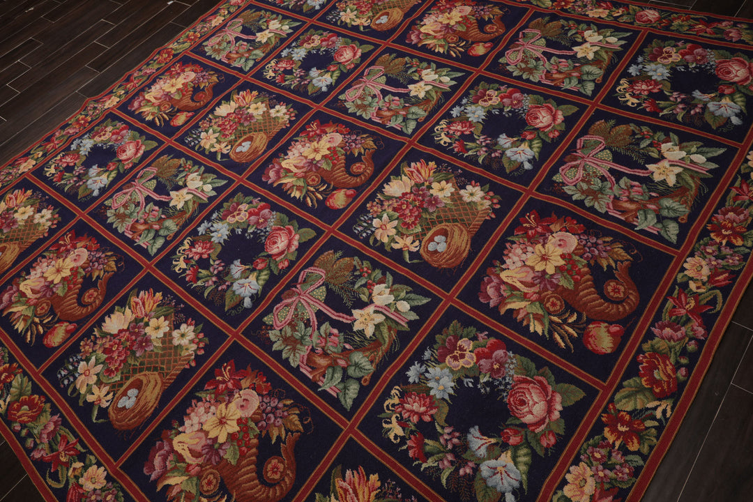 Square Navy, Rust, Orange Color Hand Woven Aubusson Needlepoint Wool Traditional Oriental Rug