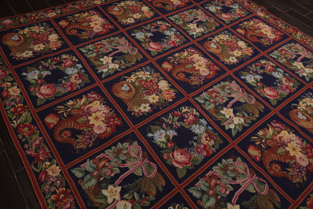 Square Navy, Rust, Orange Color Hand Woven Aubusson Needlepoint Wool Traditional Oriental Rug