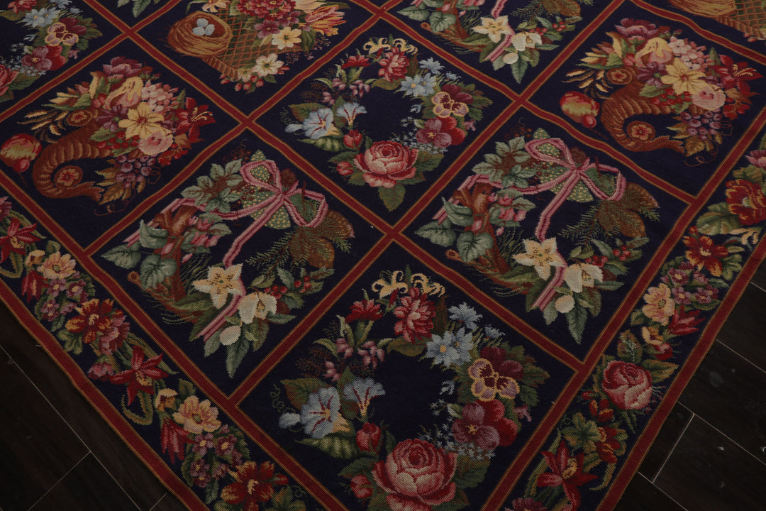 Square Navy, Rust, Orange Color Hand Woven Aubusson Needlepoint Wool Traditional Oriental Rug