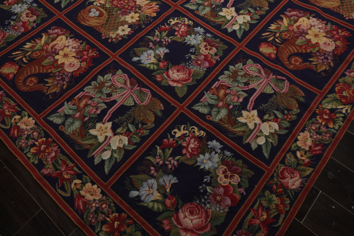 Square Navy, Rust, Orange Color Hand Woven Aubusson Needlepoint Wool Traditional Oriental Rug