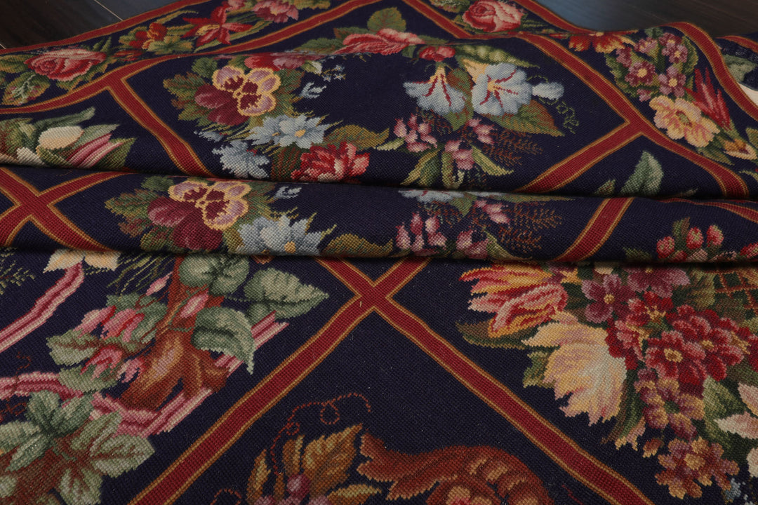 Square Navy, Rust, Orange Color Hand Woven Aubusson Needlepoint Wool Traditional Oriental Rug