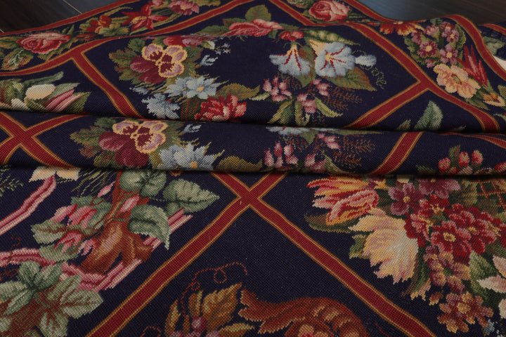 Square Navy, Rust, Orange Color Hand Woven Aubusson Needlepoint Wool Traditional Oriental Rug