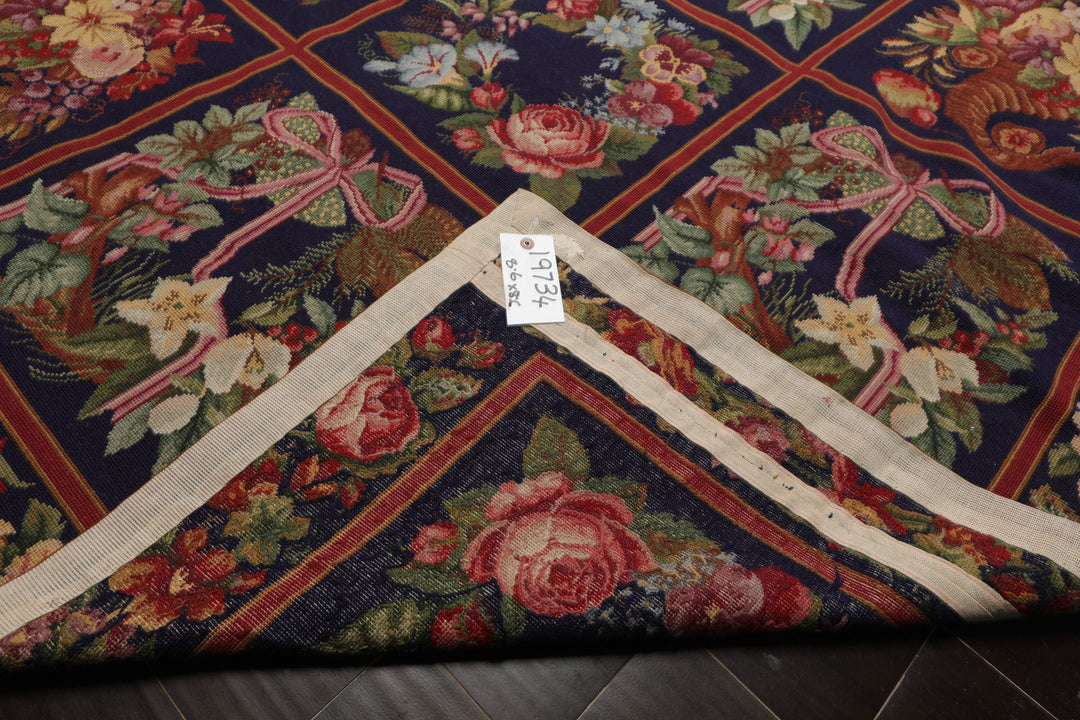 Square Navy, Rust, Orange Color Hand Woven Aubusson Needlepoint Wool Traditional Oriental Rug