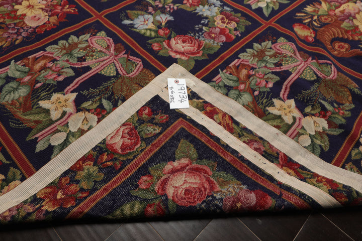 Square Navy, Rust, Orange Color Hand Woven Aubusson Needlepoint Wool Traditional Oriental Rug