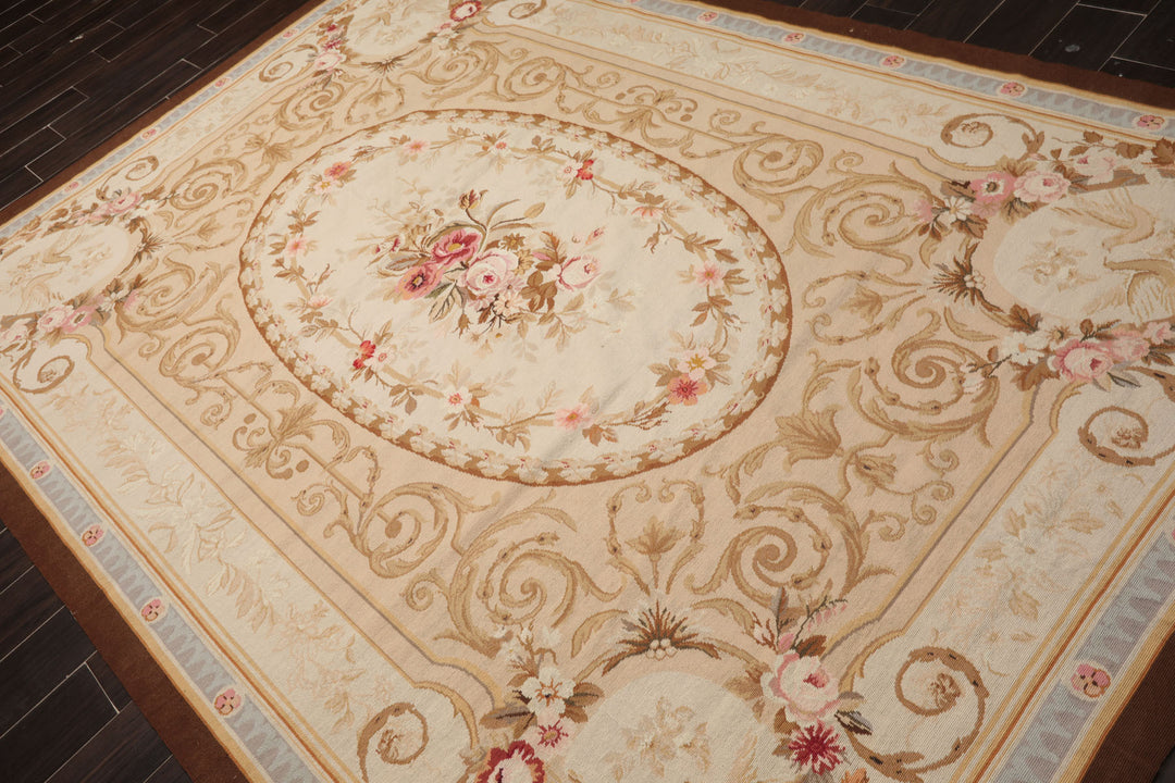 7x10 Ivory, Tan, Brown Color Hand Woven Aubusson Needlepoint Wool Traditional Oriental Rug