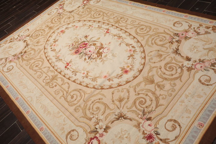 7x10 Ivory, Tan, Brown Color Hand Woven Aubusson Needlepoint Wool Traditional Oriental Rug