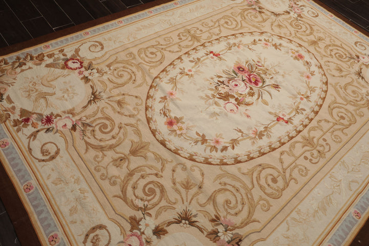 7x10 Ivory, Tan, Brown Color Hand Woven Aubusson Needlepoint Wool Traditional Oriental Rug