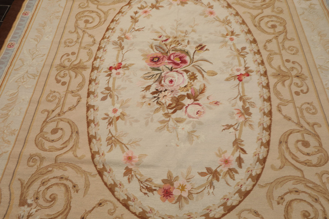 7x10 Ivory, Tan, Brown Color Hand Woven Aubusson Needlepoint Wool Traditional Oriental Rug