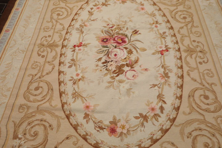 7x10 Ivory, Tan, Brown Color Hand Woven Aubusson Needlepoint Wool Traditional Oriental Rug