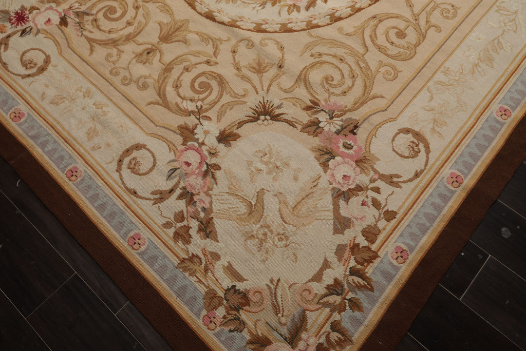 7x10 Ivory, Tan, Brown Color Hand Woven Aubusson Needlepoint Wool Traditional Oriental Rug