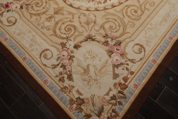 7x10 Ivory, Tan, Brown Color Hand Woven Aubusson Needlepoint Wool Traditional Oriental Rug