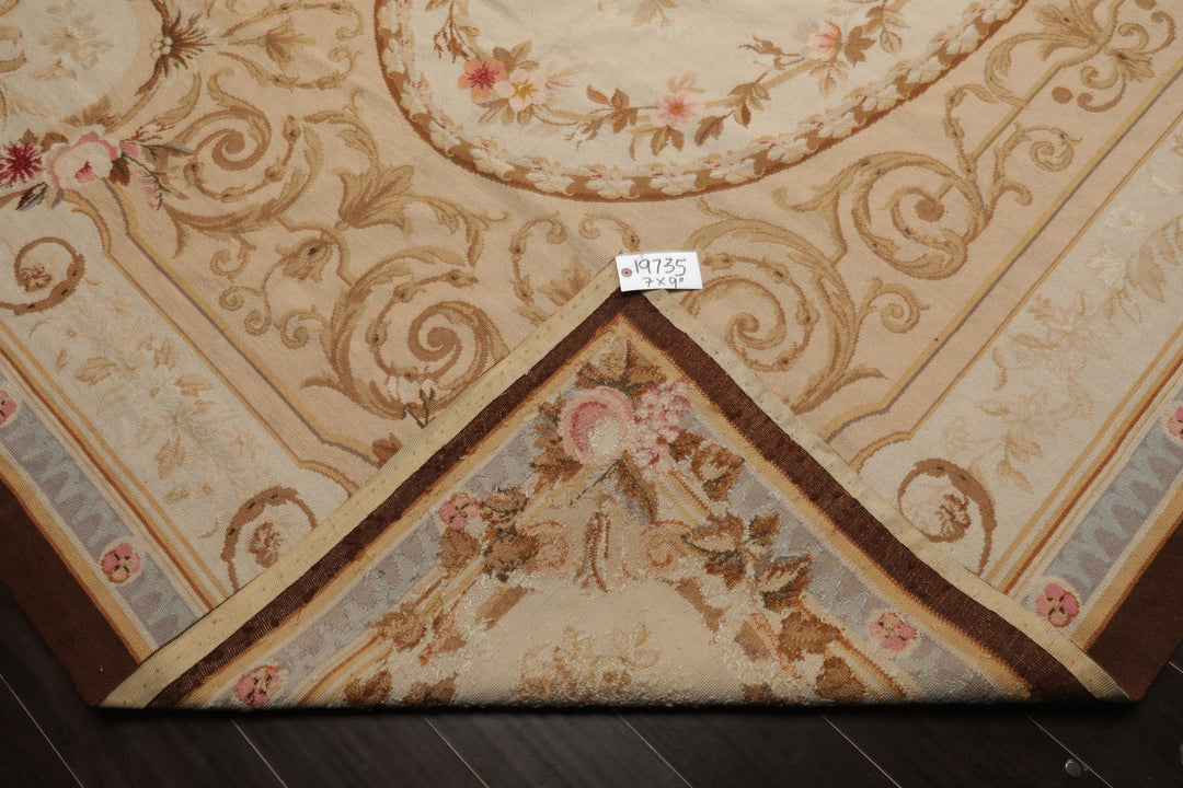 7x10 Ivory, Tan, Brown Color Hand Woven Aubusson Needlepoint Wool Traditional Oriental Rug