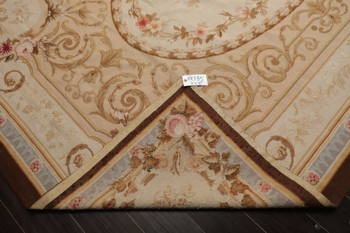 7x10 Ivory, Tan, Brown Color Hand Woven Aubusson Needlepoint Wool Traditional Oriental Rug