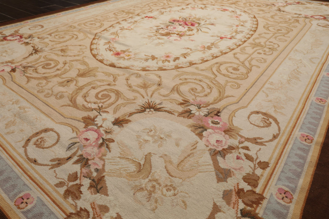 7x10 Ivory, Tan, Brown Color Hand Woven Aubusson Needlepoint Wool Traditional Oriental Rug