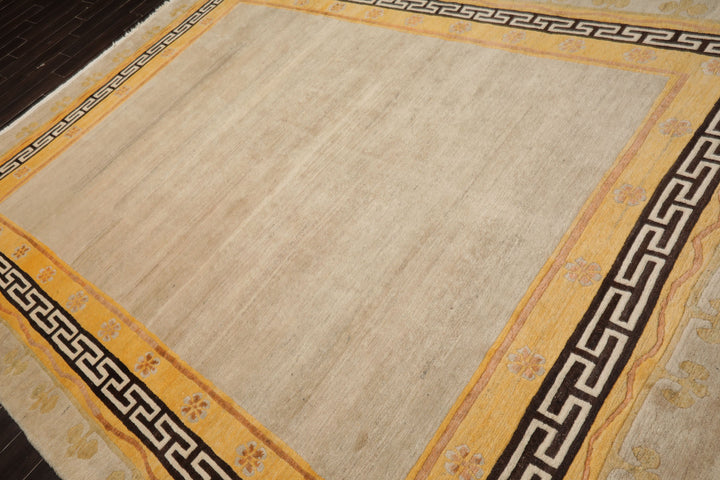 8x11 Oatmeal, Gold, Rose Color Hand Knotted Tibetan Wool Traditional Oriental Rug