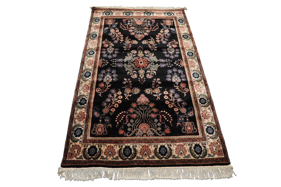 4x6 Black, Ivory, Sage Color Hand Knotted Indo Sarouk New Zealand Wool Traditional Oriental Rug