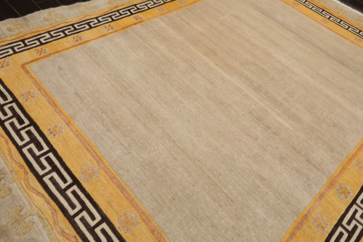 8x11 Oatmeal, Gold, Rose Color Hand Knotted Tibetan Wool Traditional Oriental Rug