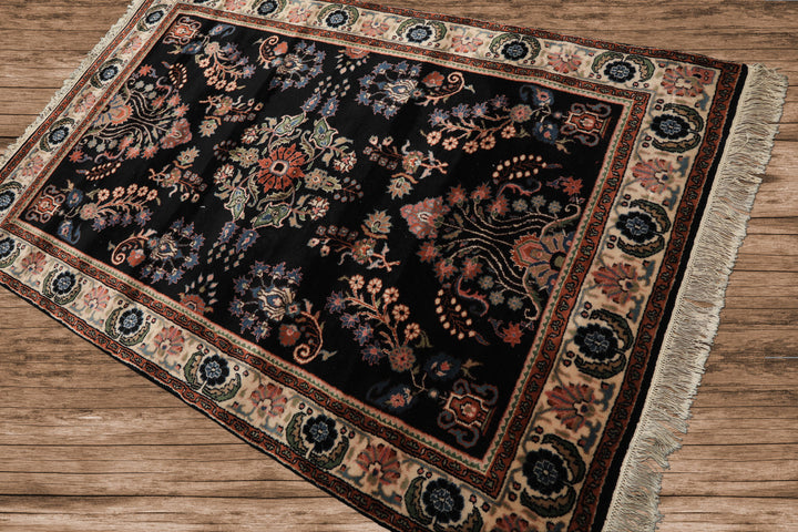 4x6 Black, Ivory, Sage Color Hand Knotted Indo Sarouk New Zealand Wool Traditional Oriental Rug
